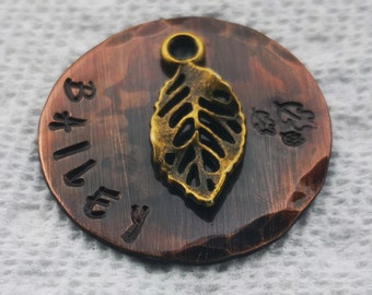 Personalized Pet ID Tag: Antique Copper with Brass Leaf Charm