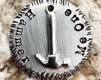 Personalized Pet ID Tag: Hammer Charm, Antique Aluminum