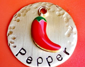 Personalized Brass Pet ID Tag: Pepper Charm, Hand Stamped