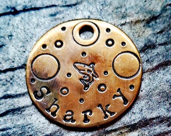 Shark Dog Tag: Custom Hand Stamped Pet ID, Brushed Brass