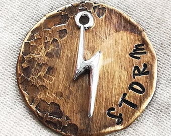 Lightning Bolt Dog Tag: Custom Pet ID, Antique Brass