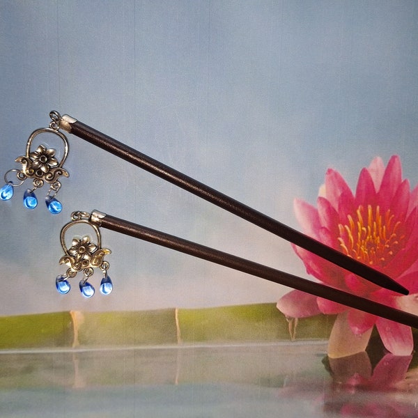 Blue Beaded Chandelier Charm Hair Sticks Handmade  | Chopstick | Hairsticks | Bun Holder | Long Hair Accessories | Hair Jewelry | Gift