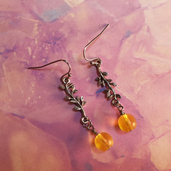 1.5" Dangle Fishhook Wire Earrings with Yellow Round Beads Hanging from Metal Vine Charms - Gift