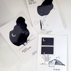 Moon Postcard Set, 3 Cartes postales, Mini Prints, Lune, Cloud, Stars, Night Sky, Illustrated, Wall Art, Greeting Cards, A6