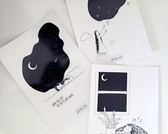 Moon Postcard Set, 3 Postcards, Mini Prints, Moon, Cloud, Stars, Night Sky, Illustrated, Wall Art, Greeting Cards, A6