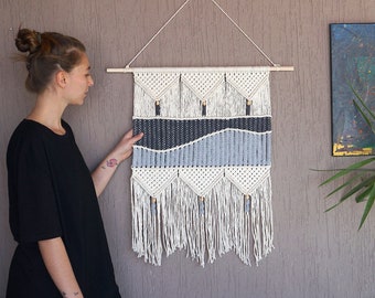 Ocean Macrame Wall Hanging, Modern Wave Fiber Art, Hand Woven Tapestry, Coastal Wall Decor, Beach Macrame Mural, Boho Weaving Wall Decor