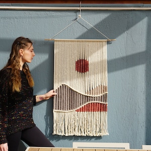 Macrame Wall Hanging | Mid-Century Modern Fiber Art | Southwestern Landscape Hand Woven Tapestry | Boho Long Narrow Vertical Weaving Decor