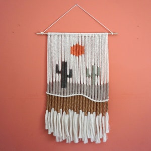 Cactus Macrame Wall Hanging, Desert Landscape Hand Woven Tapestry, Southwest Wall Art, Wave Wall Decor, Weaving Wall Hanging