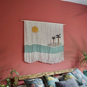 XL Beachy Macrame Wall Hanging, Large Weaving Wall Hanging, Coastal Ocean Landscape Woven Tapestry, Colorful Boho Wall Decor