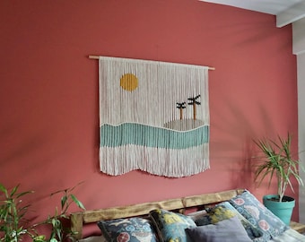 XL Beachy Macrame Wall Hanging, Large Weaving Wall Hanging, Coastal Ocean Landscape Woven Tapestry, Colorful Boho Wall Decor