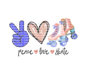 Puede incluir: Un diseño gráfico que presenta un gesto de mano de signo de paz azul, un corazón color melocotón y un par de patines de cuatro ruedas color melocotón con ruedas azules. Debajo, el texto negro dice peace, love, skate, con dos corazones.