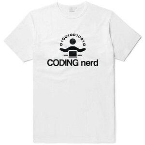 May include: White t-shirt with a black graphic of a person sitting at a computer with the text "01001001 01000010" above and "CODING nerd" below.