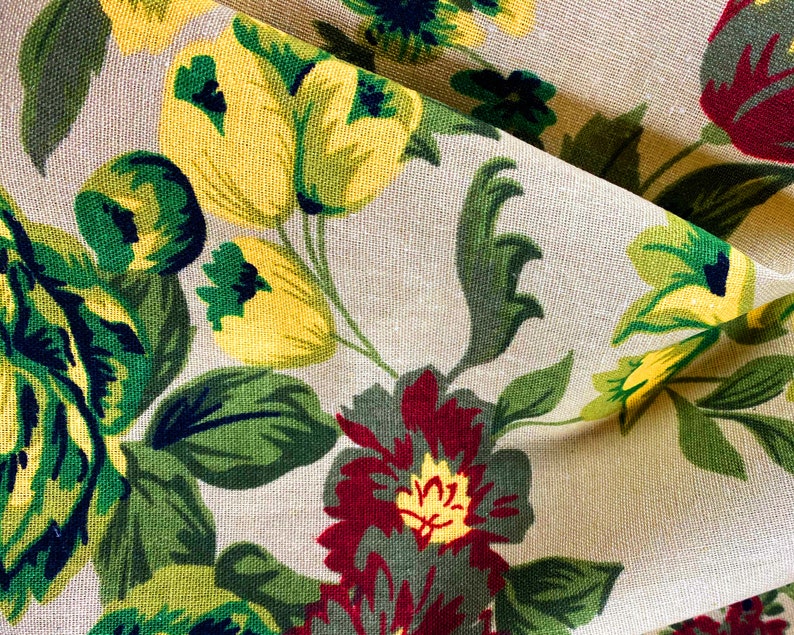 Yellow and Green Floral Print Linen Fabric Material Medium Etsy