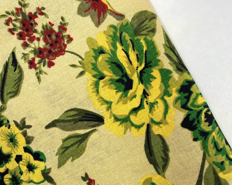 Yellow and Green Floral Print Linen Fabric Material Medium Etsy