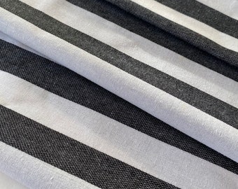 Pure Plain Linen Fabric Black and White Stripes, Lightweight Linens for home decor, bedding, clothes, curtains