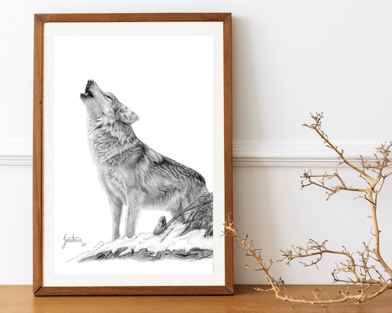 Wolf Wall Art Print Black and White Poster Fine Art Pencil Drawing