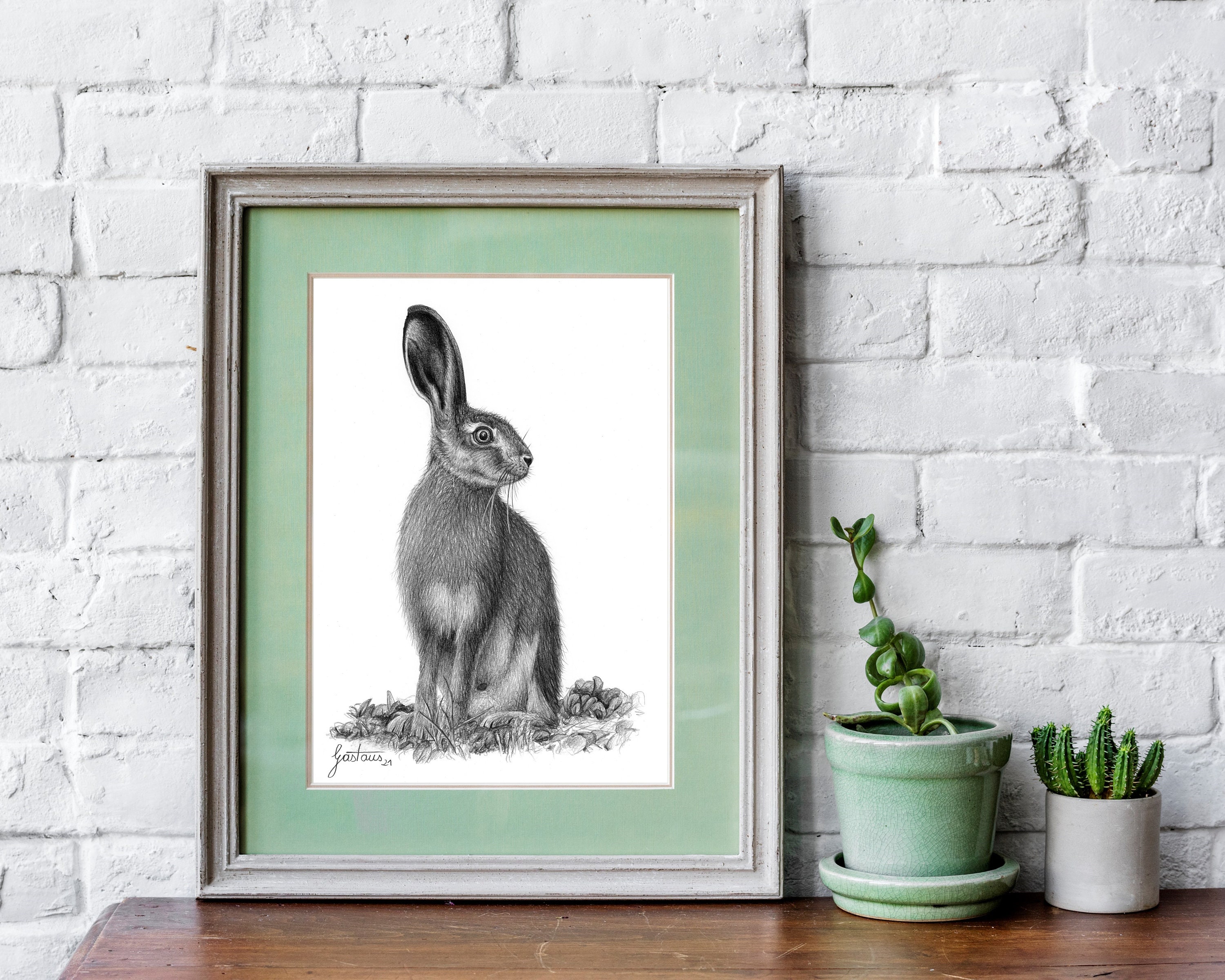 Hase Poster Feldhase Hase Wildtier Zeichnung Schwarz-weiß Druck Zeichnung Tierillustration Osterhase Poster