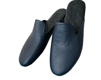 Blue travel slippers, leather slippers for men, slippers with leather case, indoor slippers, comfortable slippers, Father's Day Gifts