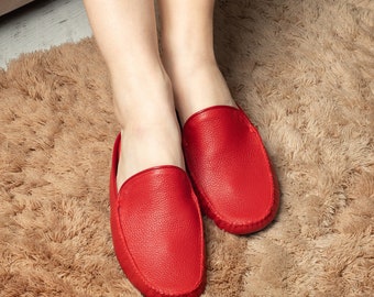 Red Leather Slippers: Women's Moccasin House Shoes