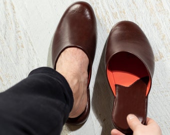 Men's Brown Leather Slippers: Natural Suede Non-Slip Sole