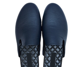 Men's Blue Leather Slippers with Travel Case - Genuine Leather Insole