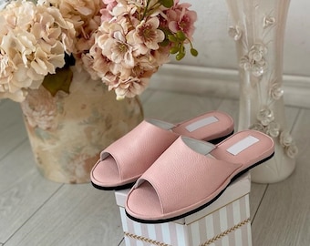 Women slippers, women house shoes, pink leather slippers, indoor slippers, cute slippers, women leather slippers, mom birthday gift