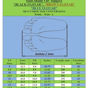 May include: A shoe size conversion chart for Saint Shalih VIP Slippers, including "BLACK FLOTAR", "BROWN FLOTAR", and "BLUE FLOTAR" styles. The chart displays US, Euro, UK sizes, inches, and millimeters, with measurements ranging from 10.79 to 12.21 inches.