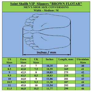 May include: A chart showing men's shoe size conversions in US, Euro, UK, inches, millimeters, and Ukrainian sizes. The chart includes a drawing of a foot with measurements labeled in inches and millimeters.