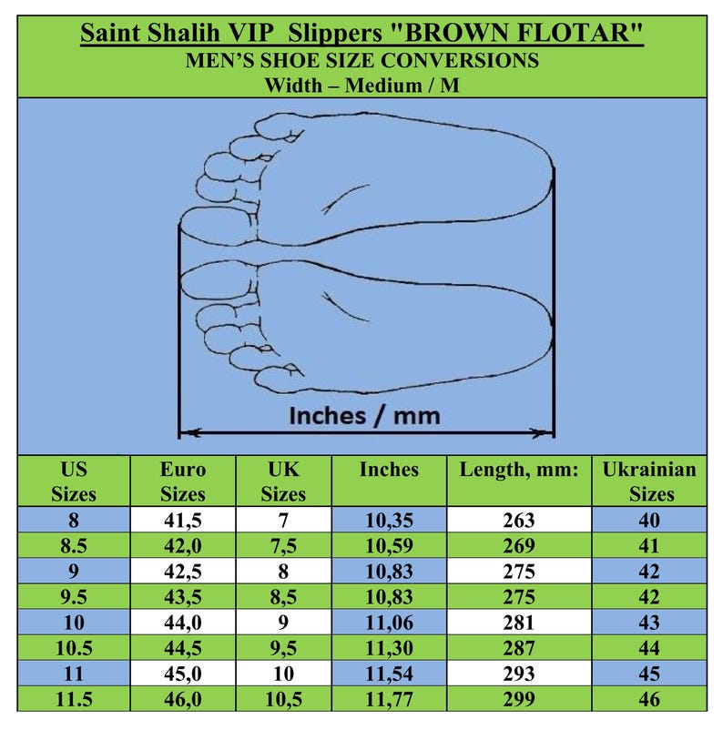 May include: A chart showing men's shoe size conversions in US, Euro, UK, inches, millimeters, and Ukrainian sizes. The chart includes a drawing of a foot with measurements labeled in inches and millimeters.