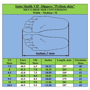 May include: A chart showing men's shoe size conversions in US, Euro, UK, inches, millimeters, and Ukrainian sizes. The chart includes a drawing of a foot with the text "Inches/mm" below it.