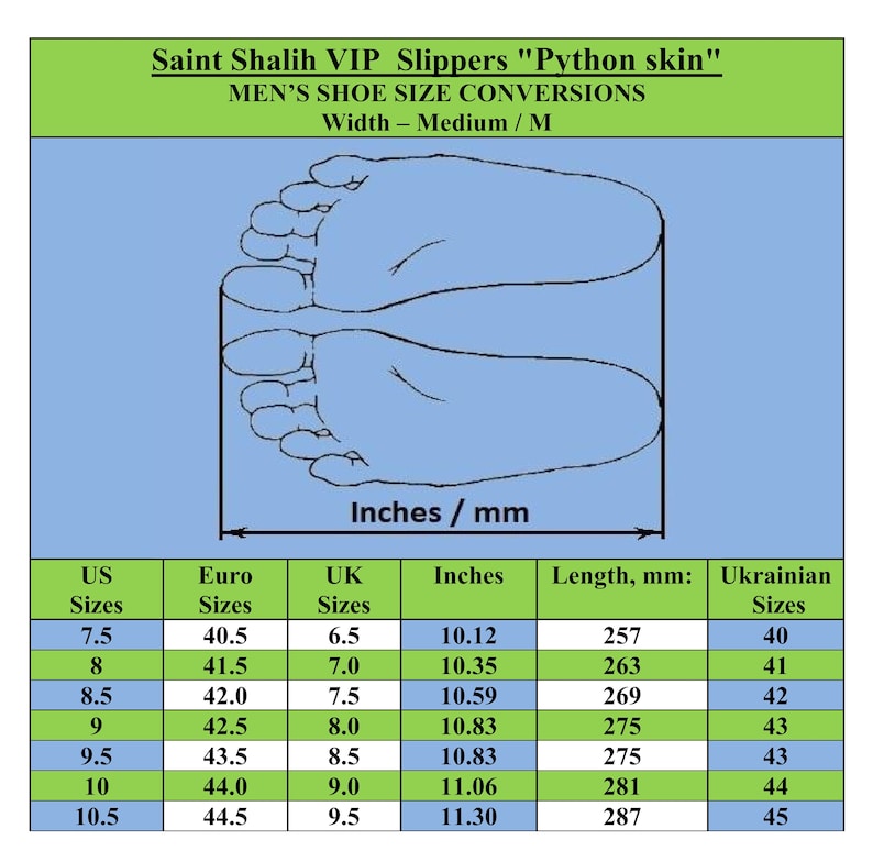 May include: A chart showing men's shoe size conversions in US, Euro, UK, inches, millimeters, and Ukrainian sizes. The chart includes a drawing of a foot with the text "Inches/mm" below it.