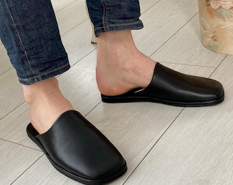 Black Leather Slippers for Men: Soft, Wide, Closed Toe Indoor Shoes