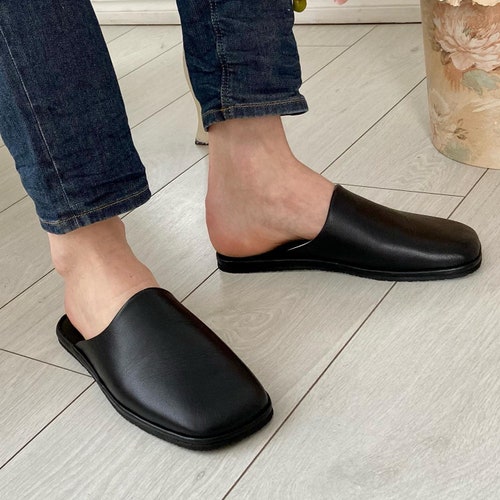 Black Leather Slippers for Men: Soft, Wide, Closed Toe Indoor