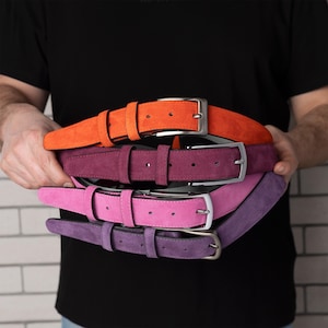Four bright belts, a set of four belts, leather belts, four unique belts, Pink suede belt, Orange suede belt, Purple suede belt, Burgundy