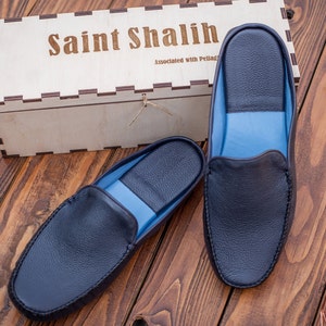 Men's slippers, navy blue leather moccasin style slippers, men's house slippers, comfortable slippers for men, father's day gift, gift box