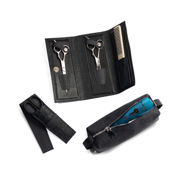 Hairdressing gift, SET from hairdresser's accessories, leather scissors case + case for trimmers + organizer for hairdressers, hairdressing