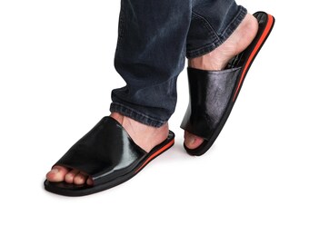 Black Patent Leather Slippers: Men's Open Toe House Shoes