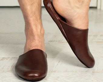 Men's Brown Leather Slippers: Comfortable Arch Support House Shoes