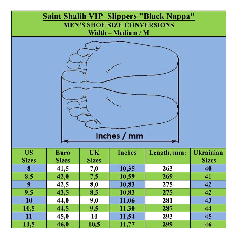 Puede incluir: Tabla de conversi&oacute;n de tallas de zapatos para las zapatillas Saint Shalih VIP "Black Nappa". Incluye tallas de EE. UU., Euro, Reino Unido y Ucrania, con medidas en pulgadas y mm. Tallas de 41,5 a 46,0.