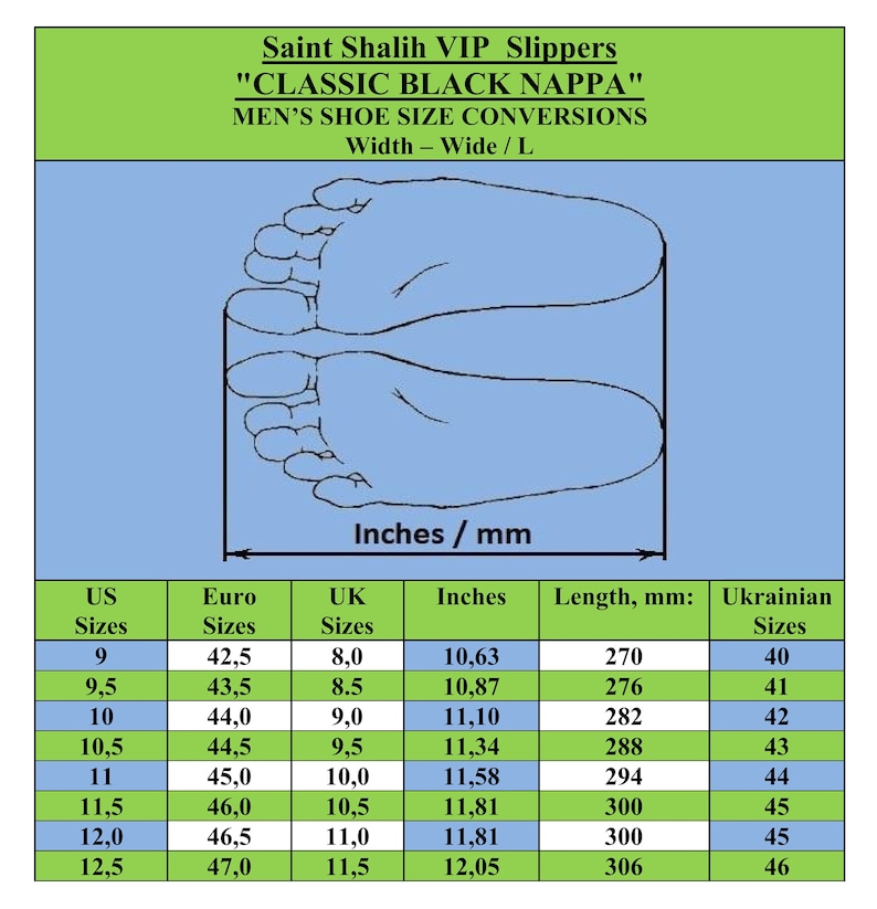 May include: A chart showing men's shoe size conversions in US, Euro, UK, inches, millimeters, and Ukrainian sizes. The chart includes sizes 9 to 12.5.