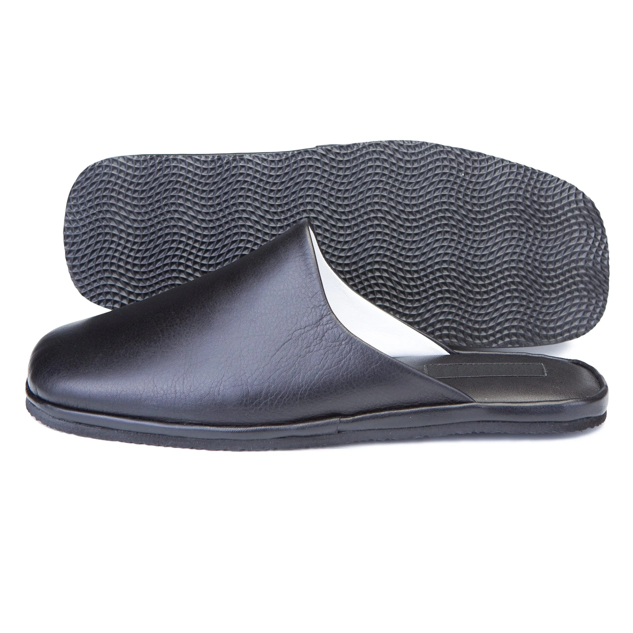 Black Leather Slippers for Men: Soft, Wide, Closed Toe Indoor