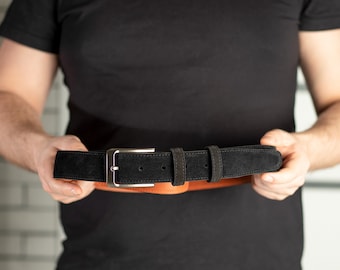 Handmade Suede Leather Belt, Silver Buckle, Gifts for Dad
