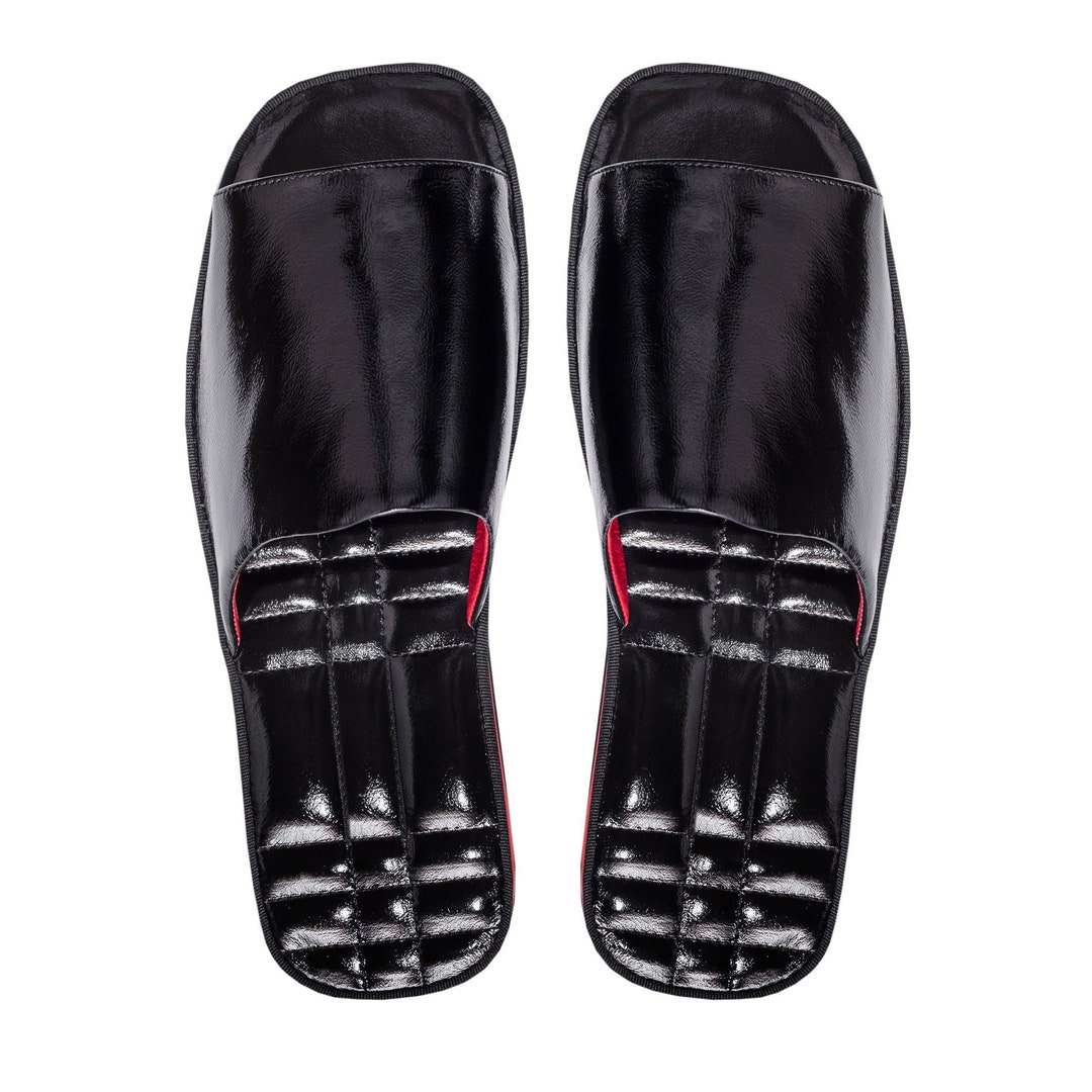 Black Leather Slippers, Patent Leather Slippers for Men, Black Men House Slippers, Fashion ...