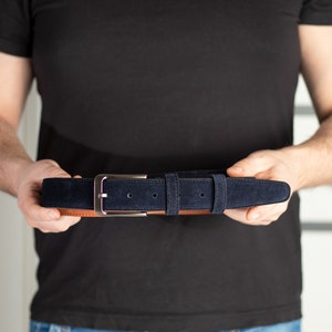 Navy blue suede belt, engraved belts, genuine leather belt, personalized belts,  belts for men and women, birthday gift, anniversary gift