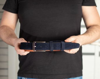 Navy Suede Leather Belt: Engraved Personalized Belt, 35mm