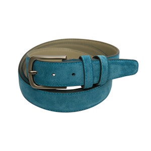 May include: A teal blue suede belt with a silver buckle.