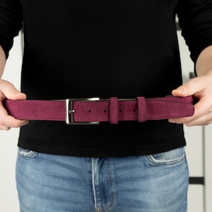 Burgundy suede belt CARDINAL, burgundy leather belt, belt for him and her, elegant belt, belt for jeans, excellent belt, holiday gifts