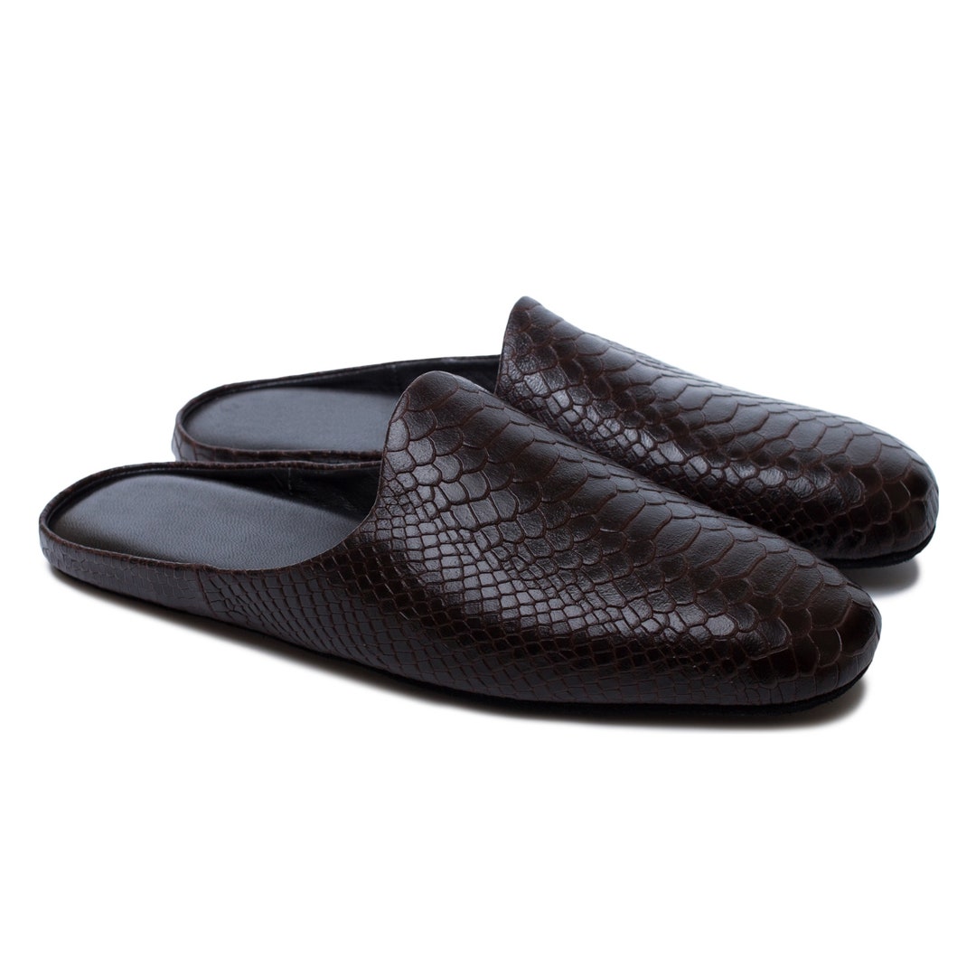 Men's Slippers brown Python, Indoor Slippers, Warm Slippers, Genuine