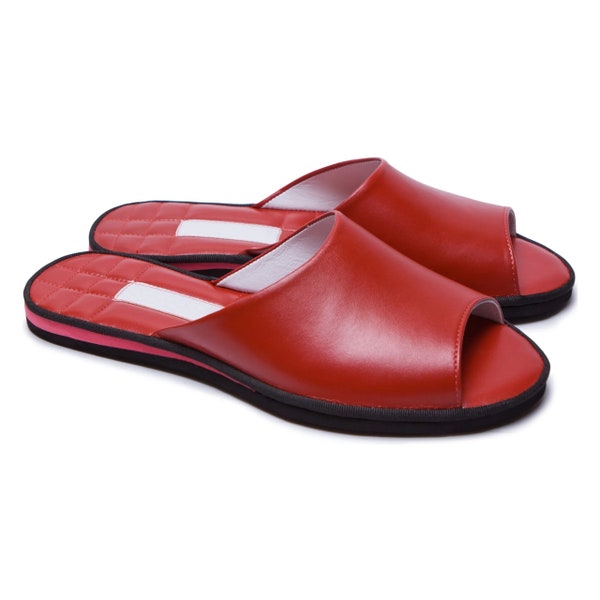 Red slippers for young ladies, pajama party shoes, sleepover, nappa leather indoor slippers, open toe house slippers, house shoes for women