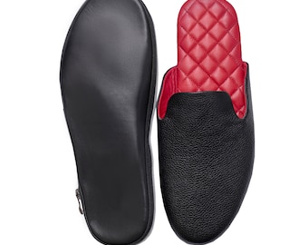 Men's Leather Slippers with Case: Black Travel House Shoes